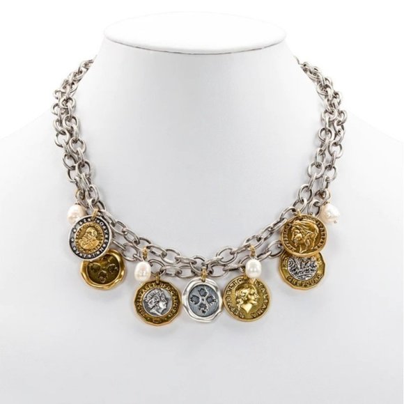 Patricia Nash Jewelry - Patricia Nash Necklace Double Charm World Coin & Freshwater Pearls